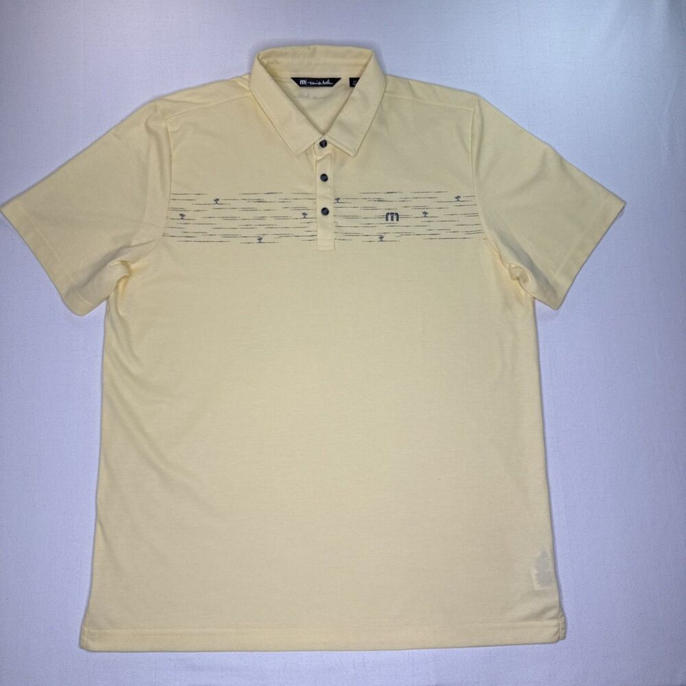 TravisMathew Men XXL Pit Boss Golf Polo Shirt Pale Sunset Yellow Palm Trees New